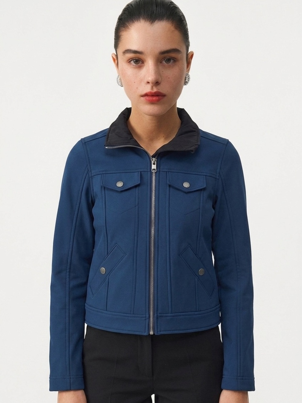 AETHER | Navy Blue & Black Zip Front Bomber Snap Pocket Jacket Women’s Size XS